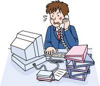 デスクトップパソコンとてんてこ舞いする会社員の絵